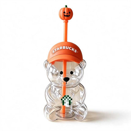 Halloween Bear Drink Cup with Pumpkin Straw Topper, Orange Cap, Collectible Seasonal Drinkware