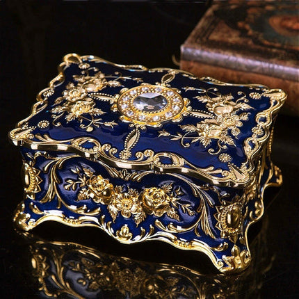 Retro Alloy Jewellery Trinket Box, Ring Necklace Storage Organiser, Blue Craft Decor