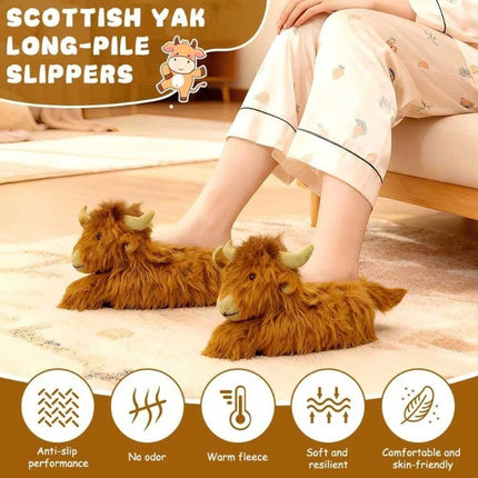 Highland Cow Slippers – Novelty Fluffy Plush Warm Animal Slippers (Adult & Kid Sizes)