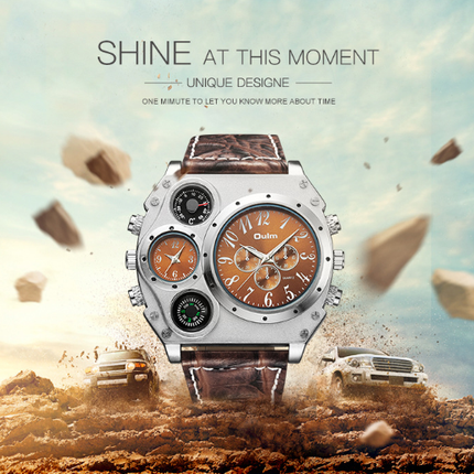 Men Army Sports Fashion Two Time Zones Big Dial Leather Strap Quartz Wrist Watch