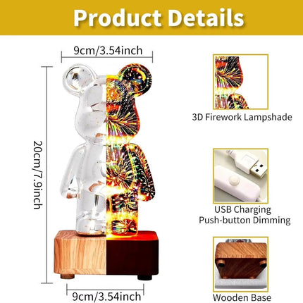 20cm Cute 3D Bear LED Night Light, USB Powered Firework Glass RGB Ambient Table Lamp