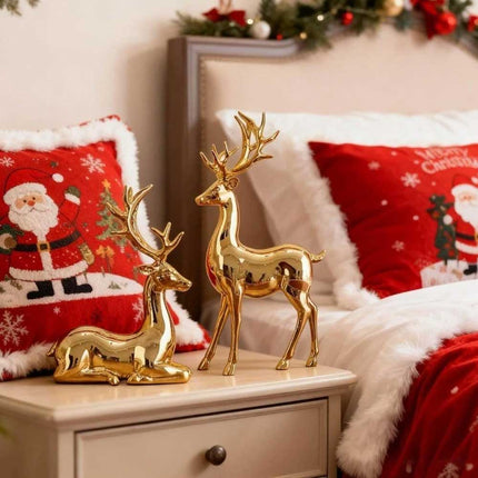 2Pcs Gold Reindeer Christmas Figurines - Indoor Holiday Decor Table Centerpieces