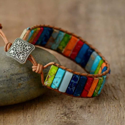 7 Chakra Bracelet Handmade Natural Stone Tube Beads Leather Wrap Women Bangle
