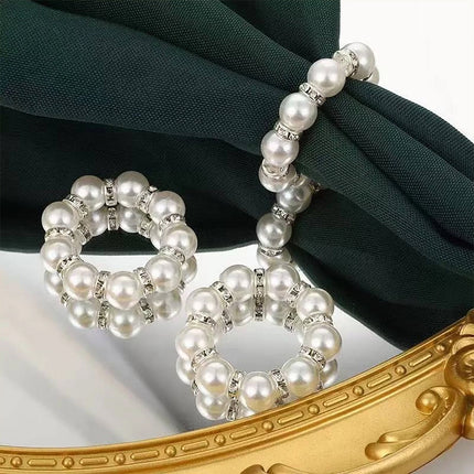 2Pcs Beaded Imitation Pearl Napkin Rings, Silver & Gold Dinner Table Decor Holders