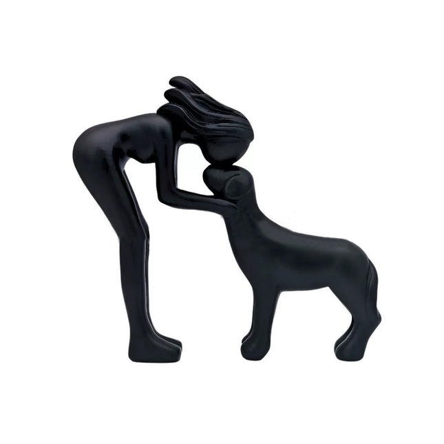 Black minimalist sculpture of a human and a dog. Freeze the moment of embrace, a declaration of eternal companionship dedicated to you.