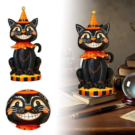 6 Inch Vintage Halloween Cat Figurine: Black & Orange Resin Decor for Home