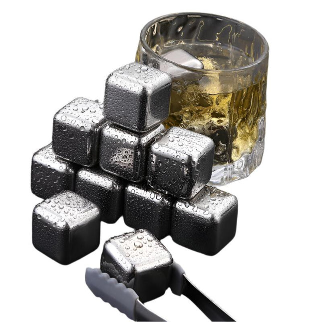 6Pcs Stainless Steel Whiskey Wine Stone Ice Cube With Tong Reusable Cooling Rock