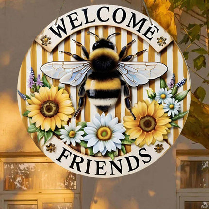 20cm Acrylic Round Hanging Sign, Yellow Honey Bee Decor, Welcome Friends Ornament