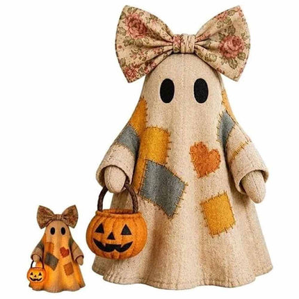 Lighted Patchwork Ghost with Pumpkin Lantern Vintage Halloween Decor 10CM
