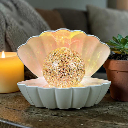 7 Colour Changing LED Clam Shell Mood Light White Glitter Table Lamp