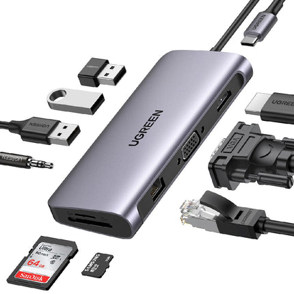 10-in-1 USB-C Docking Station with HDMI VGA Gigabit LAN USB 3.0 SD TF Audio PD Charger