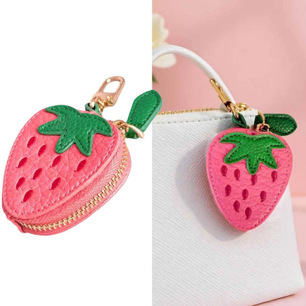Strawberry shaped leather keychain coin purse, mini zipper pouch, portable storage bag