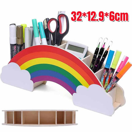 Rainbow Wooden Desk Organiser, DIY Pen & Pencil Holder with Phone Storage Compartment