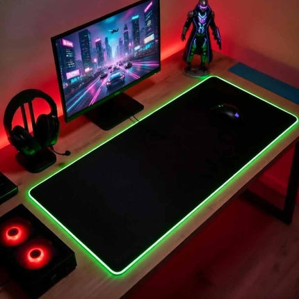 RGB Gaming Desk Mat 90×40cm, 3mm Thick Black LED Edge Lighting Large Non-Slip Keyboard Mouse Pad