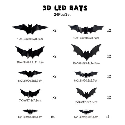 12/24PCS Halloween 3D Bat LED Night Light Wall Stickers – Glow in Dark Party Decor