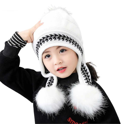 Women’s & Kids’ Knitted Beanie with Ear Flaps and Pom-Pom – Warm Winter Ski Cap, White