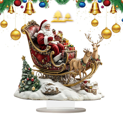2D Santa Claus & Reindeer Sleigh Ornament, Flat Acrylic Material with Stand for Desktop Decor