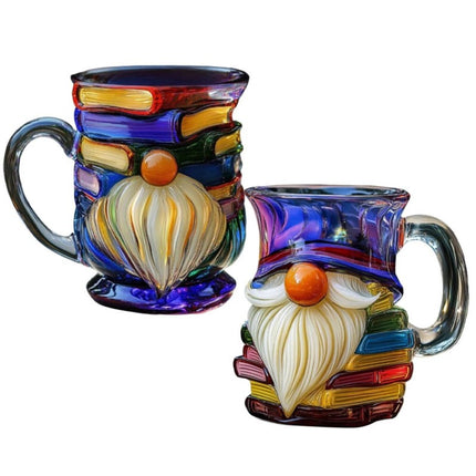 Glass 3D Painted Gnome Book Mug  Stack Coffee Cup Novelty Room Home Decor