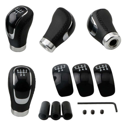 5/6 Speed + 3 Cap Black PU Leather Manual Car Gear Shift Lever Shifter StickKnob