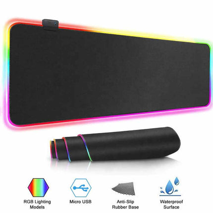 RGB Gaming Desk Mat 90×40cm, 3mm Thick Black LED Edge Lighting Large Non-Slip Keyboard Mouse Pad