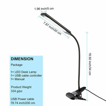 USB Clip On Desk Lamp Flexible Clamp Reading Light LED Bed Table Bedside Night