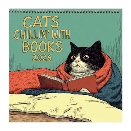 Cats Chillin' with Books Wall Calendar 2026 Cat-Themed Illustrations Planner