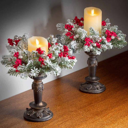 1 Pack Christmas Snow‑Dusted Red Berry Candle Ring Wreath, Table Centrepiece Ornament