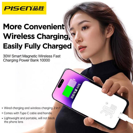 PISEN 10000mAh 30W Magnetic Wireless Power Bank, PD QC3.0 Fast Charging with Foldable Stand
