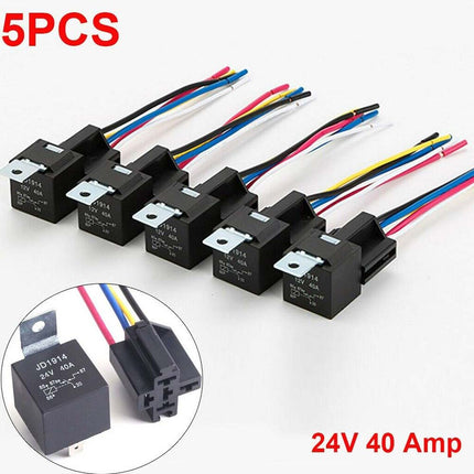 5PCS/Set 24V 40 Amp Car SPDT Automotive Relay DC 4 Pin 5 Wires W/ Harness Socket