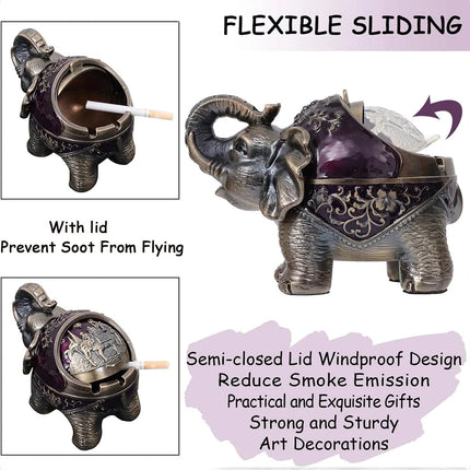 Elephant Ashtray with Lid - Windproof Metal Type for Outdoor & Indoor