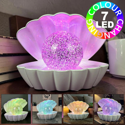 7 Colour Changing LED Clam Shell Mood Light White Glitter Table Lamp