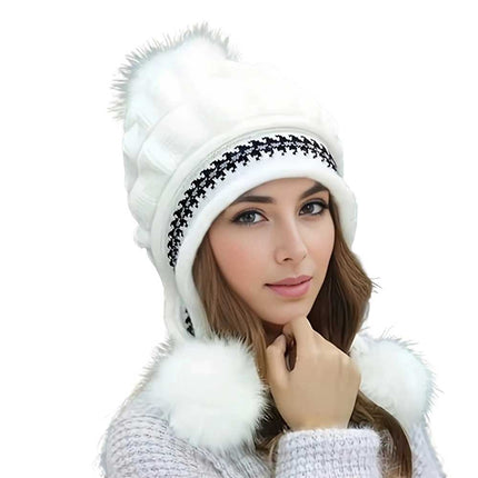 Women’s & Kids’ Knitted Beanie with Ear Flaps and Pom-Pom – Warm Winter Ski Cap, White