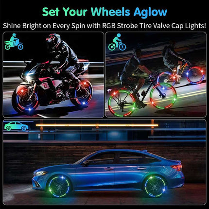 4-Pack LED Wheel Strobe Flash Lights Tire Valve Cap Lamps for Cars, Trucks & Motorcycles