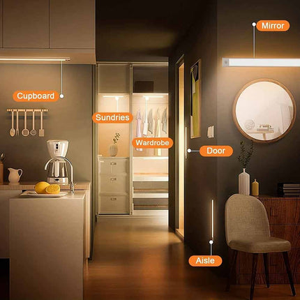 Magnetic PIR Motion Sensor LED Under Cabinet Light, USB Rechargeable Wireless Closet Lamp, Available in Black/White 30/40/50cm