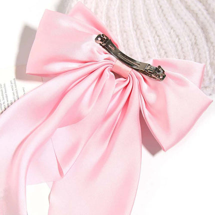 Korean Style Long Satin Bow Hair Clip, Premium Fabric Zinc Alloy Spring Barrette, Elegant Hair Accessory for Women & Girls