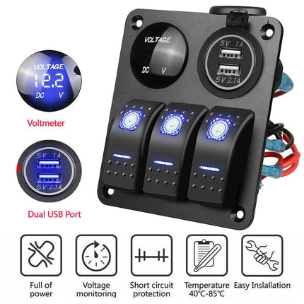 3 Gang 12V/24V LED Light Switch Control Panel USB Charger Car Boat RV Waterproof