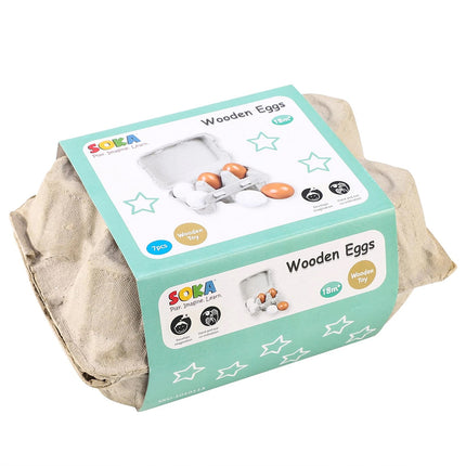 6 Wooden Fake Eggs in Carton, Pretend Play Educational Food Toy