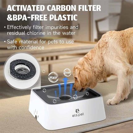 1.5L Non Spill Slow Feeder Pet Water Bowl with Filter, Leakproof Automatic Filtered Dog Drinking Bowl