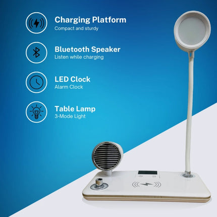 4 in 1 Wireless Charger LED Desk Lamp with Bluetooth Speaker, Clock, Charging