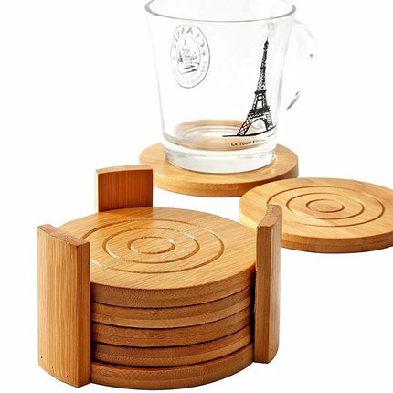 Set of 6 Round Bamboo Coasters with Storage Holder – 11.5cm Cup Mats for Tea & Coffee
