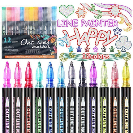 12 Colors Drawing Double Line Outline Pen Highlighter Marker Pens For School