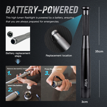 Brillar 35cm Long Aluminium Torch Flashlight - Black - Self Defence Light