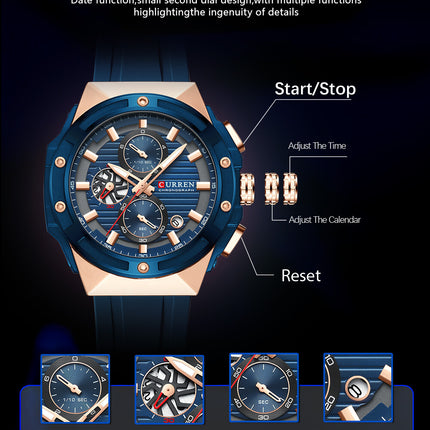 Men's Sports Quartz Wrist Watch with Calendar, Silicone Strap Casual Male Daily Watch