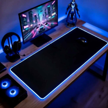RGB Gaming Desk Mat 90×40cm, 3mm Thick Black LED Edge Lighting Large Non-Slip Keyboard Mouse Pad