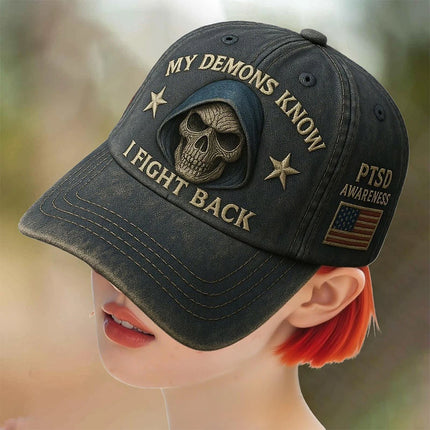 PTSD Awareness Hat – My Demons Know I Fight Back Hat, PTSD Baseball Cap 21-23 In