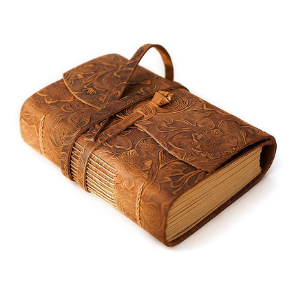 Vintage Leather Bound Journal - Handmade Carved Brown Leather Writing Notebook for Daily Use