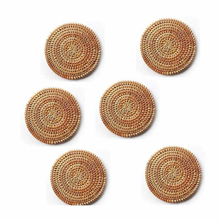 6 Pack Rattan Coaster Set with Storage Holder Base, Heat Resistant Autumn Pattern Drink Cup Mats for Table Decor