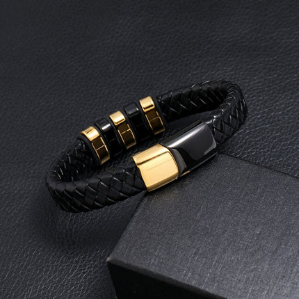 Mens Magnetic Braided Wristband Leather Rope Bracelet Bangle Wrap Black 22 cm