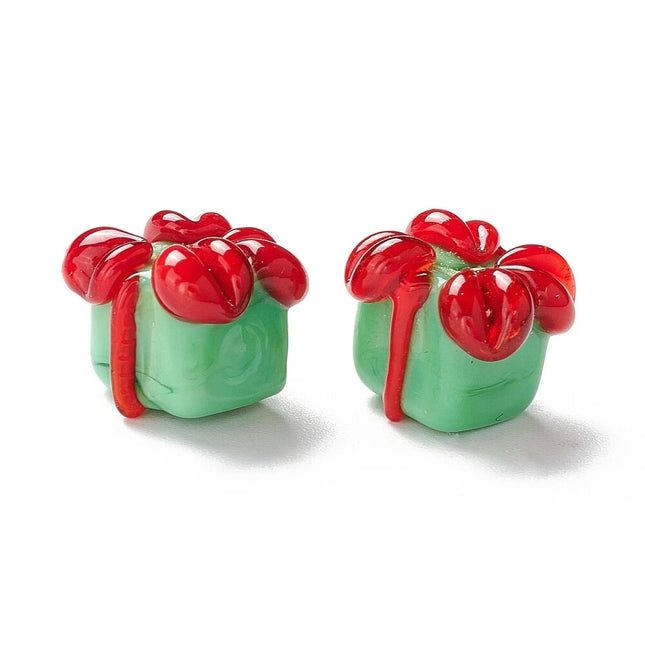 10Pcs Christmas Green Gift Box Shaped Lampwork Glass Beads, DIY Jewellery Making Accessories