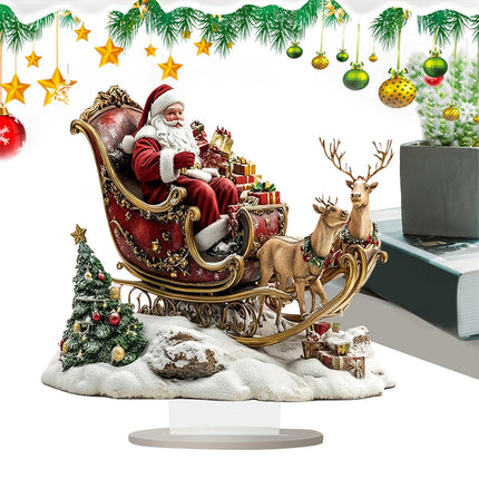 2D Santa Claus & Reindeer Sleigh Ornament, Flat Acrylic Material with Stand for Desktop Decor